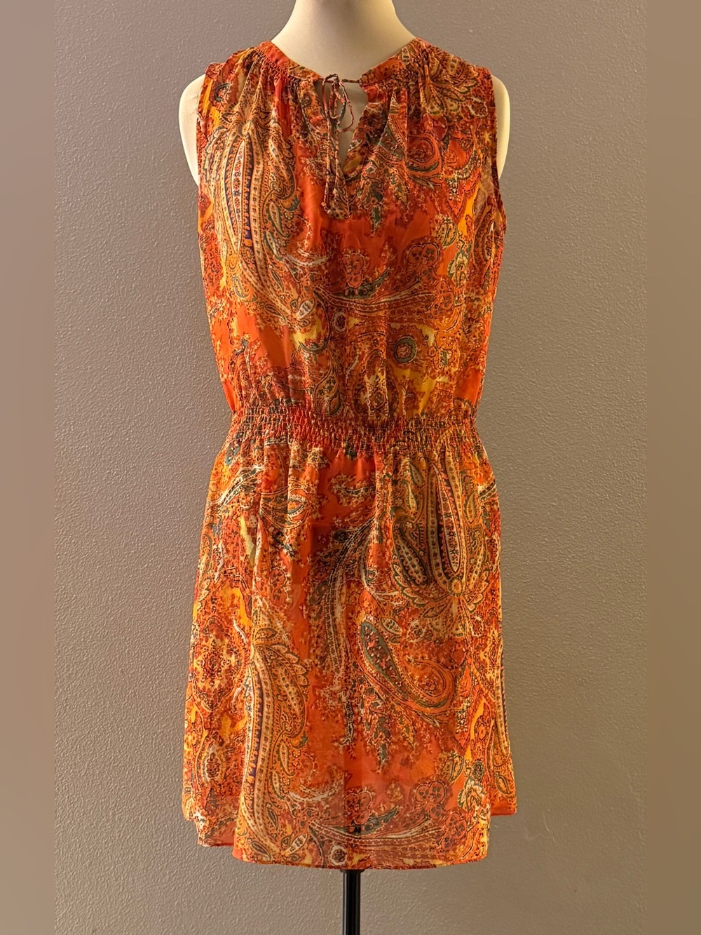 Lauren Ralph Lauren Sleeveless Orange Paisley Tie-Neck Dress Sheer Size 10